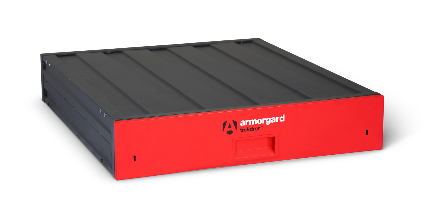 Red and black storage platform with Armorgard branding on a white background