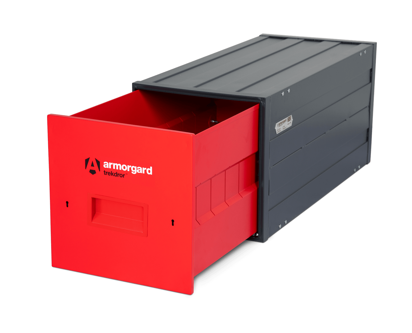 Red and gray storage box with Armorgard logo on a transparent background