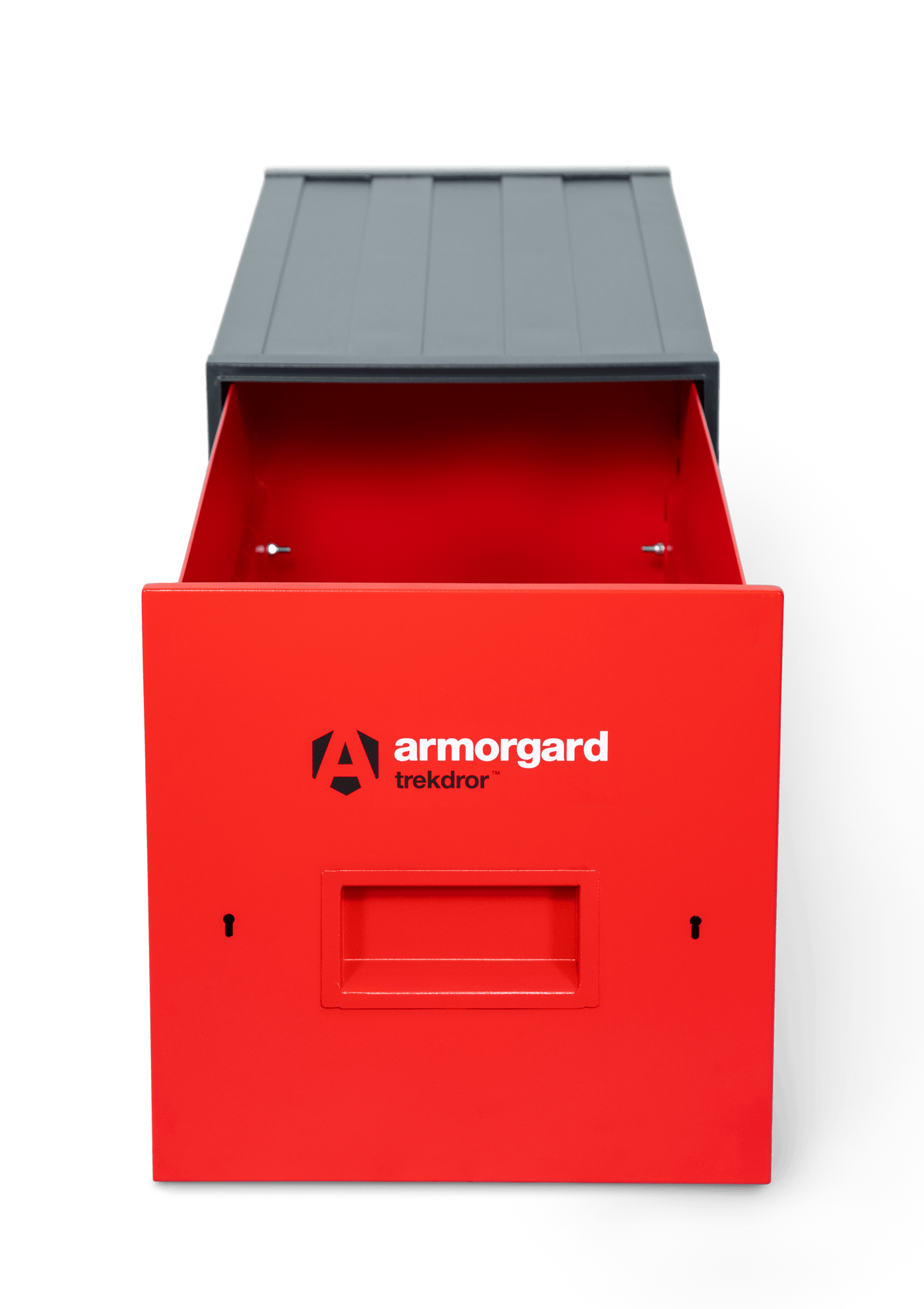 Red and gray storage box with Armorgard logo on a transparent background