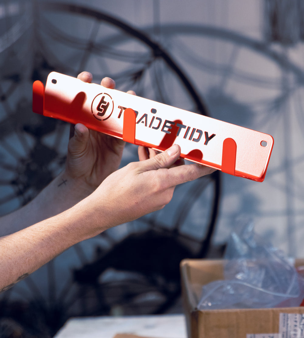 Finished red TradeTidy steel coat peg holder