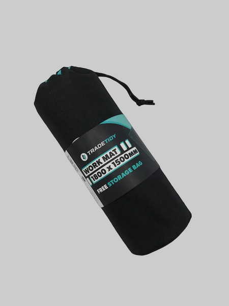 TradeTidy large work mat 1800 x 1500mm rolled in its free black drawstring storage bag