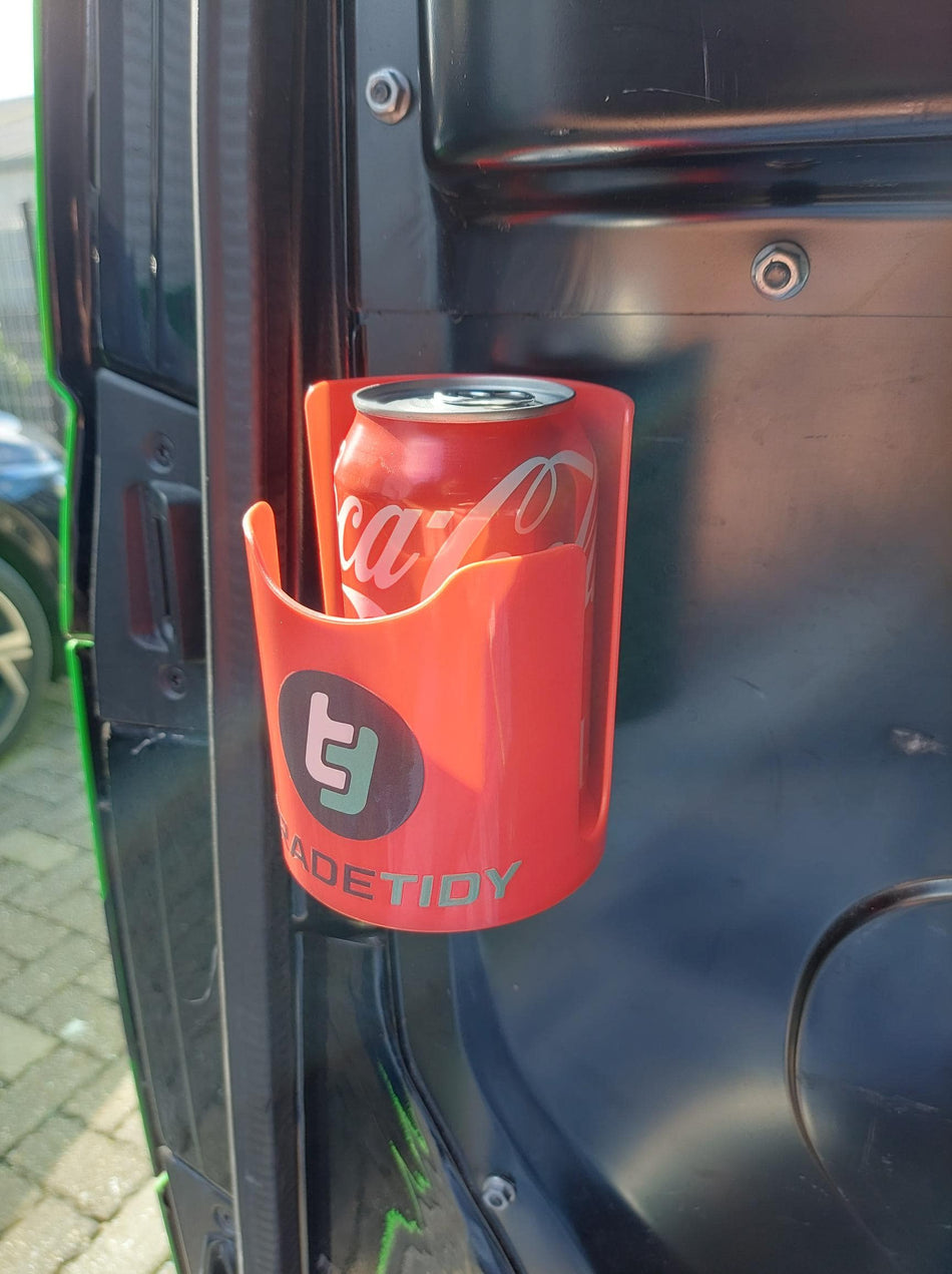TradeTidy - red soda can in a red magnetic cup holder mounted on a metal car wall