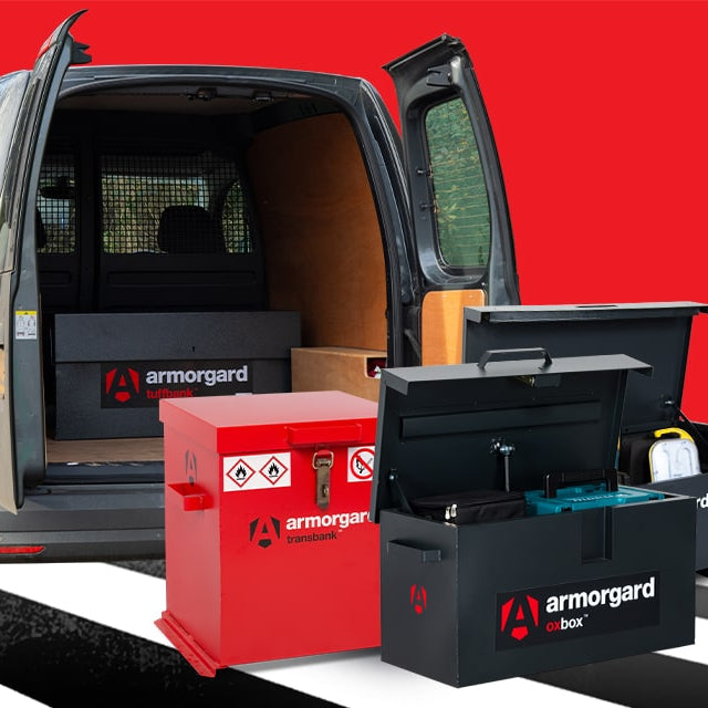 Armorgard security system for vehicles with a red background and 'armorgard Security on the move' text.