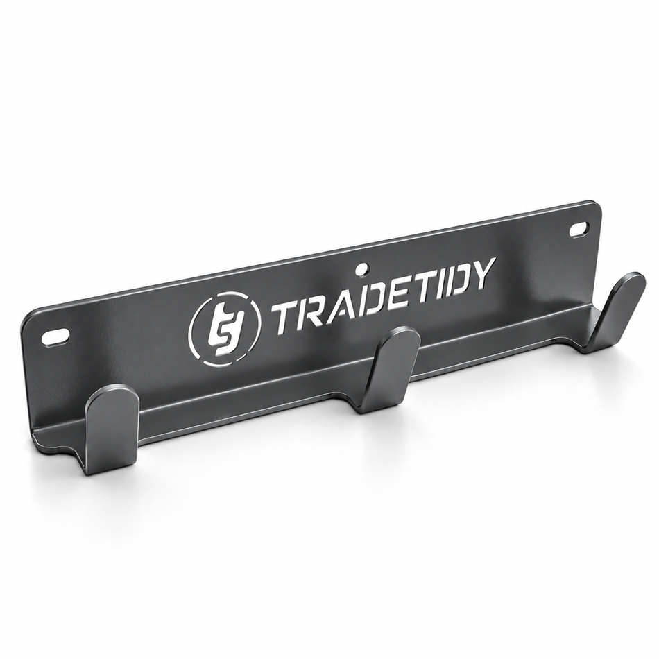 TradeTidy grey van coat pegs — steel rail with three heavy-duty hooks, UK-made powder-coated steel