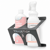 TradeTidy grey Glass & PVCu Cleaner Holder holding a spray bottle and a PVCu solvent cleaner bottle - wall-mounted steel holder for vans