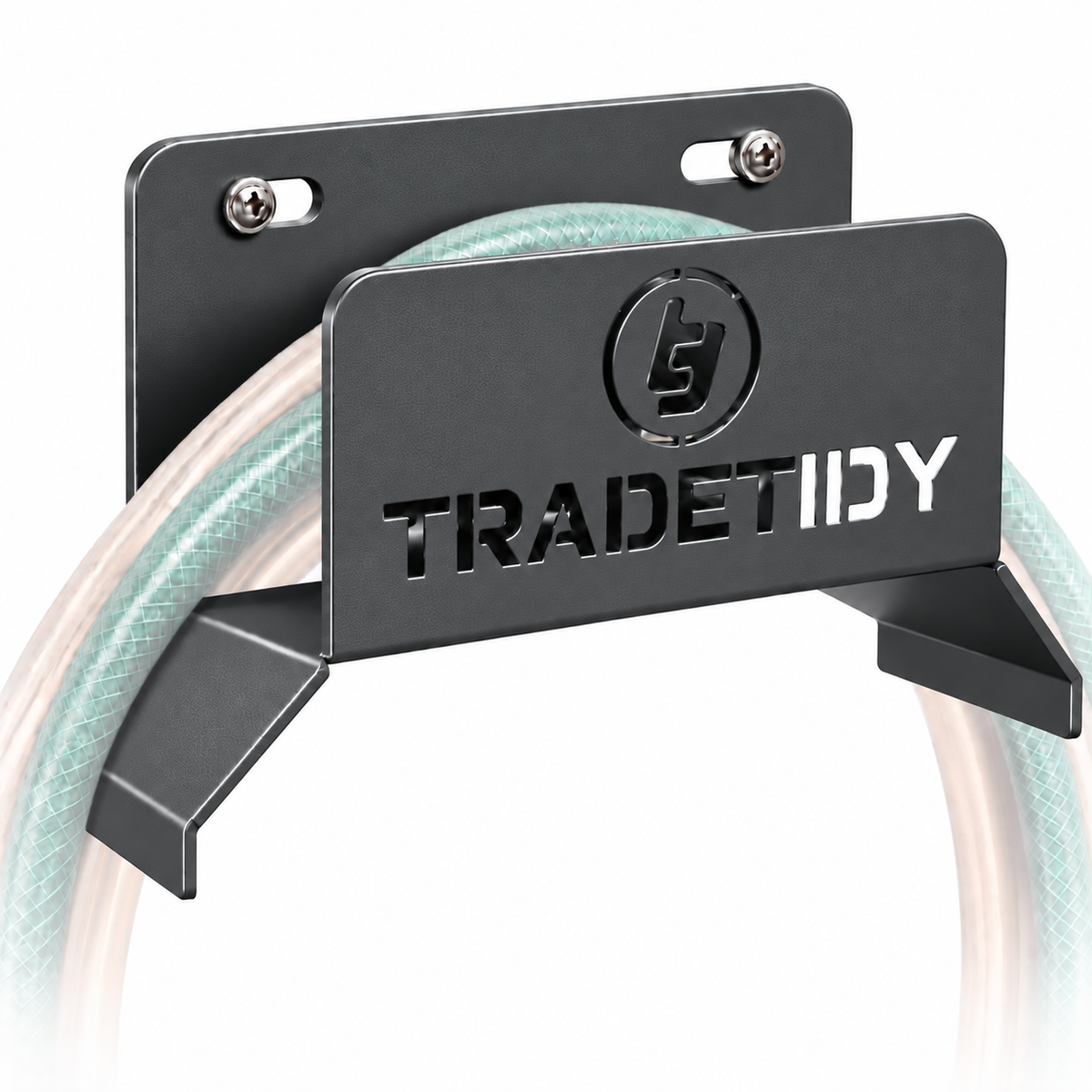 TradeTidy grey Hose, Cable & Air Line Holder with a coiled hose - wall-mounted steel holder for vans and workshops