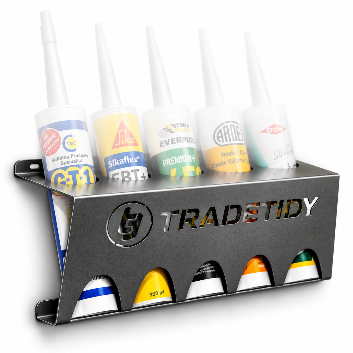 TradeTidy grey Silicone & Mastic Tube Holder holding five sealant tubes - UK-made powder-coated steel for vans and workshops