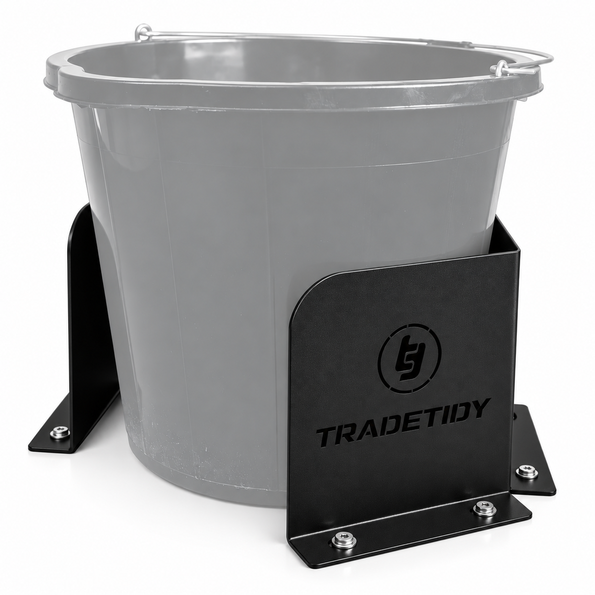 TradeTidy black Bucket & Dust Extractor Brackets (pair) holding a grey builder's bucket - wall-mounted steel brackets for vans and workshops