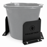 TradeTidy black Bucket & Dust Extractor Brackets (pair) holding a grey builder's bucket - wall-mounted steel brackets for vans and workshops