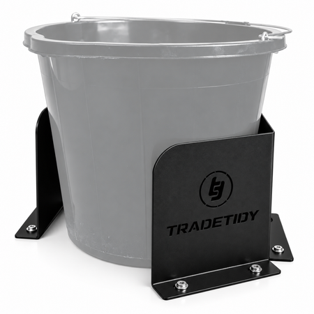TradeTidy black Bucket & Dust Extractor Brackets (pair) holding a grey builder's bucket - wall-mounted steel brackets for vans and workshops