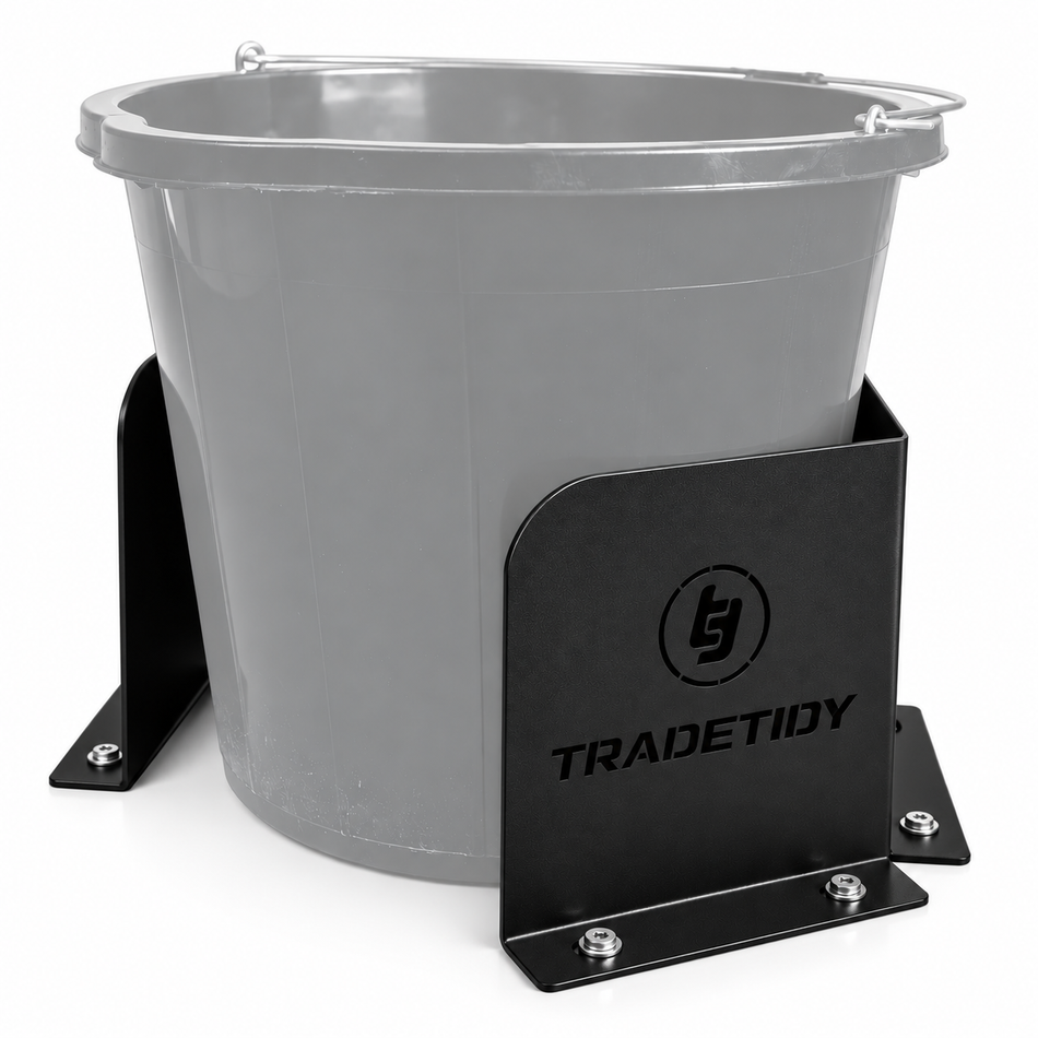 TradeTidy black Bucket & Dust Extractor Brackets (pair) holding a grey builder's bucket - wall-mounted steel brackets for vans and workshops