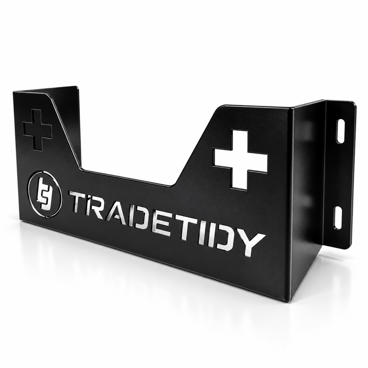 TradeTidy black first aid kit holder with cut-out cross — wall-mounted steel bracket for vans and workshops