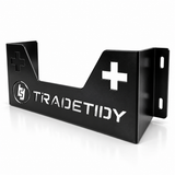 TradeTidy black first aid kit holder with cut-out cross — wall-mounted steel bracket for vans and workshops
