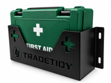 TradeTidy black First Aid Kit Holder with a green HSE first aid kit box - wall-mounted steel holder for vans and workshops