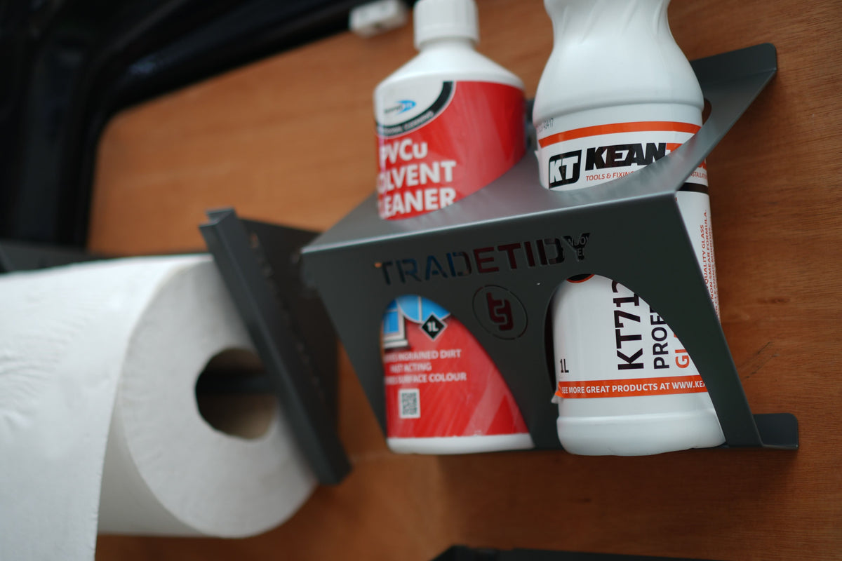 TradeTidy - Solvent in a grey glass solvent holder mounted on a workshop van's door