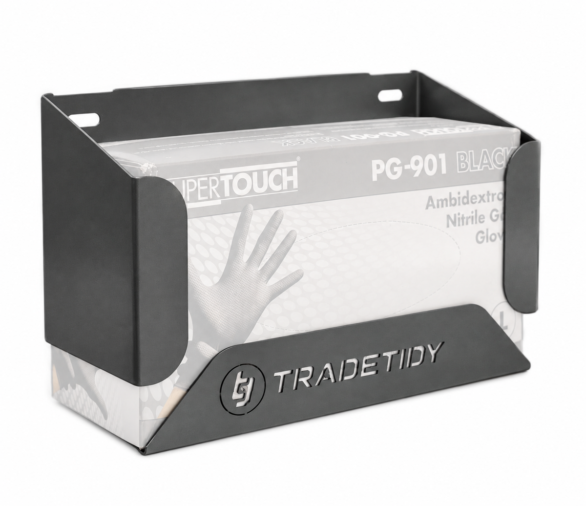 TradeTidy grey Glove Box Holder with a box of nitrile gloves - wall-mounted steel holder for vans and workshops