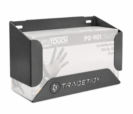 TradeTidy grey Glove Box Holder with a box of nitrile gloves - wall-mounted steel holder for vans and workshops