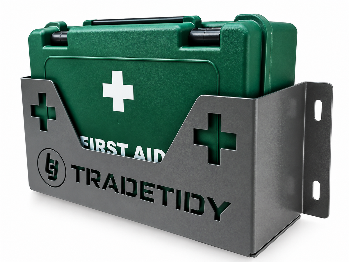 TradeTidy grey First Aid Kit Holder with a green HSE first aid kit box - wall-mounted steel holder for vans and workshops