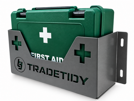 TradeTidy grey First Aid Kit Holder with a green HSE first aid kit box - wall-mounted steel holder for vans and workshops