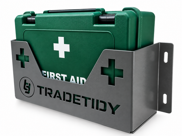 First Aid Kit + Steel Holder — HSE, for Vans & Workshops — Grey