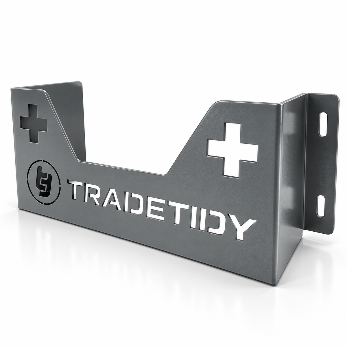 TradeTidy grey first aid kit holder with cut-out cross — wall-mounted steel bracket for vans and workshops