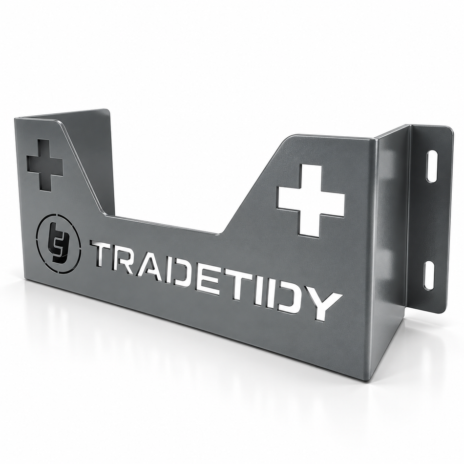 TradeTidy grey first aid kit holder with cut-out cross — wall-mounted steel bracket for vans and workshops