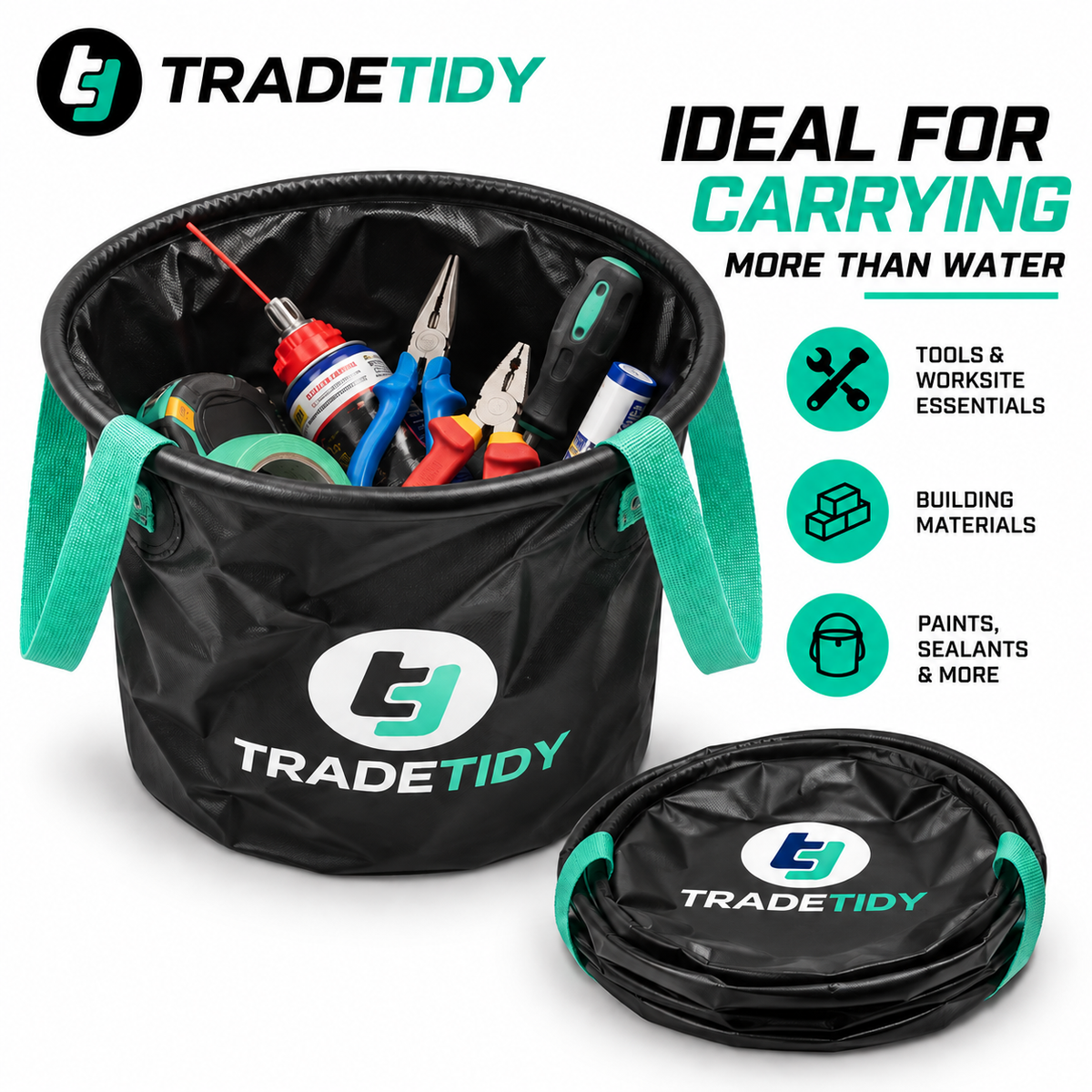 TradeTidy collapsible bucket holding pliers, tape and sealant, with the folded bucket beside it — carries more than water