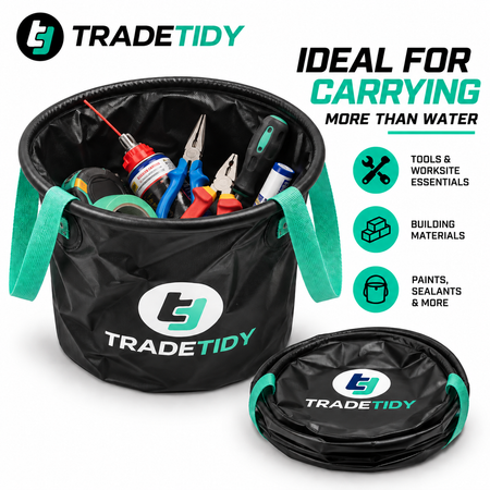 TradeTidy collapsible bucket holding pliers, tape and sealant, with the folded bucket beside it — carries more than water