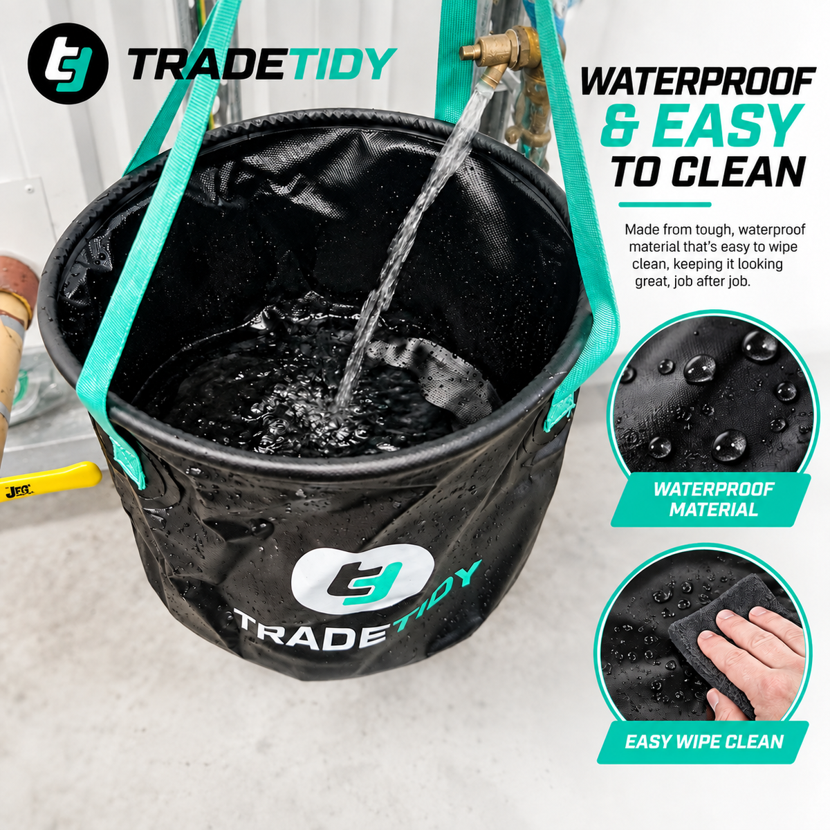 Water running from a tap into a TradeTidy collapsible bucket, with close-ups of the waterproof wipe-clean material