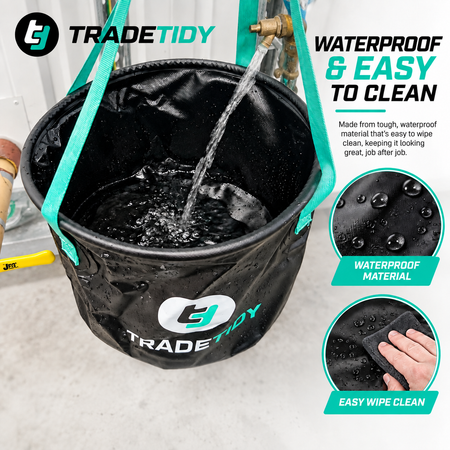 Water running from a tap into a TradeTidy collapsible bucket, with close-ups of the waterproof wipe-clean material