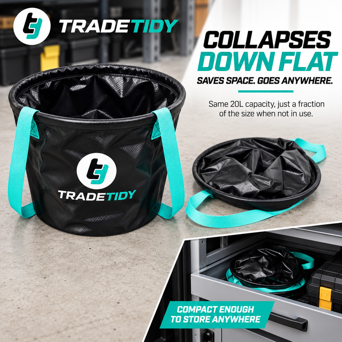 TradeTidy collapsible bucket shown upright and flattened, and stored flat in a tool chest drawer — collapses down flat