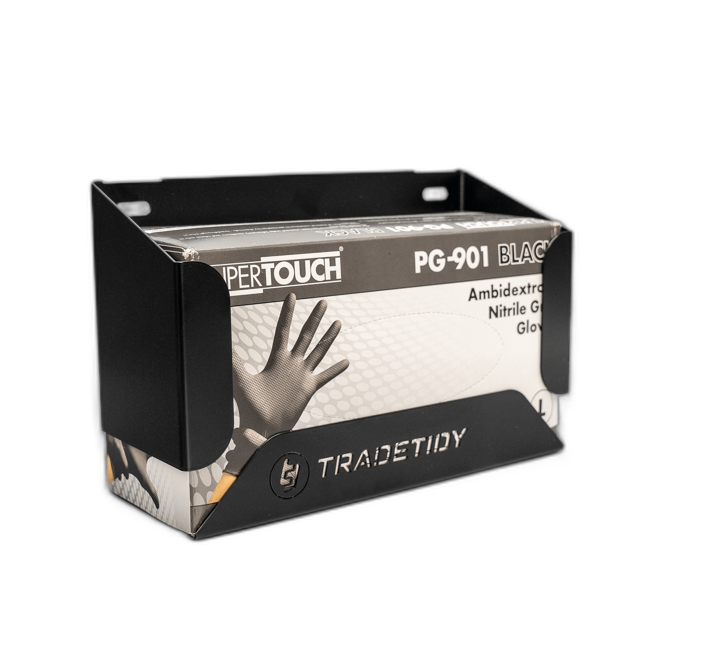 TradeTidy black Van Glove Box Holder with a box of nitrile gloves — UK-made powder-coated steel for vans and workshops