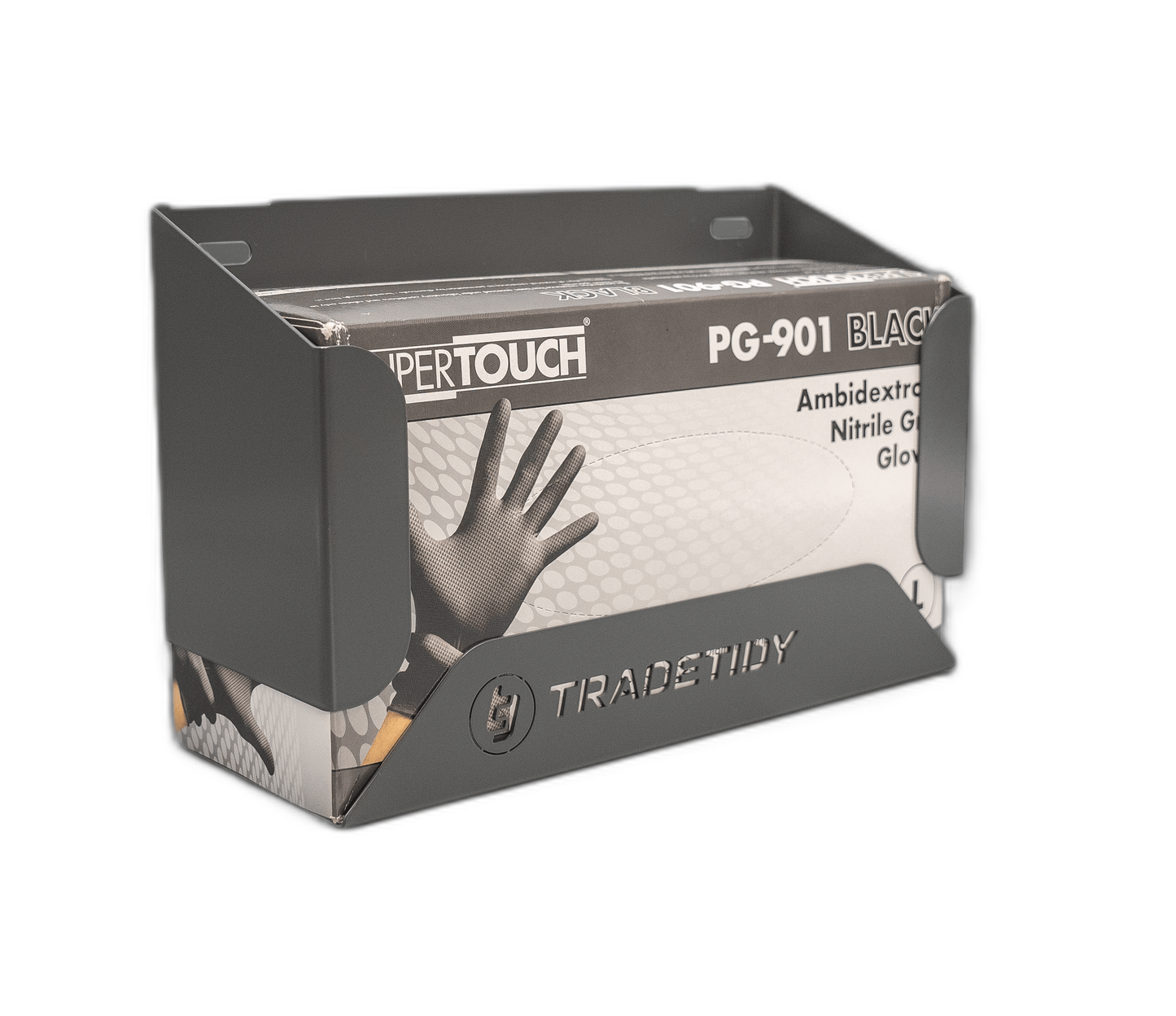 TradeTidy grey Van Glove Box Holder with a box of nitrile gloves — UK-made powder-coated steel for vans and workshops