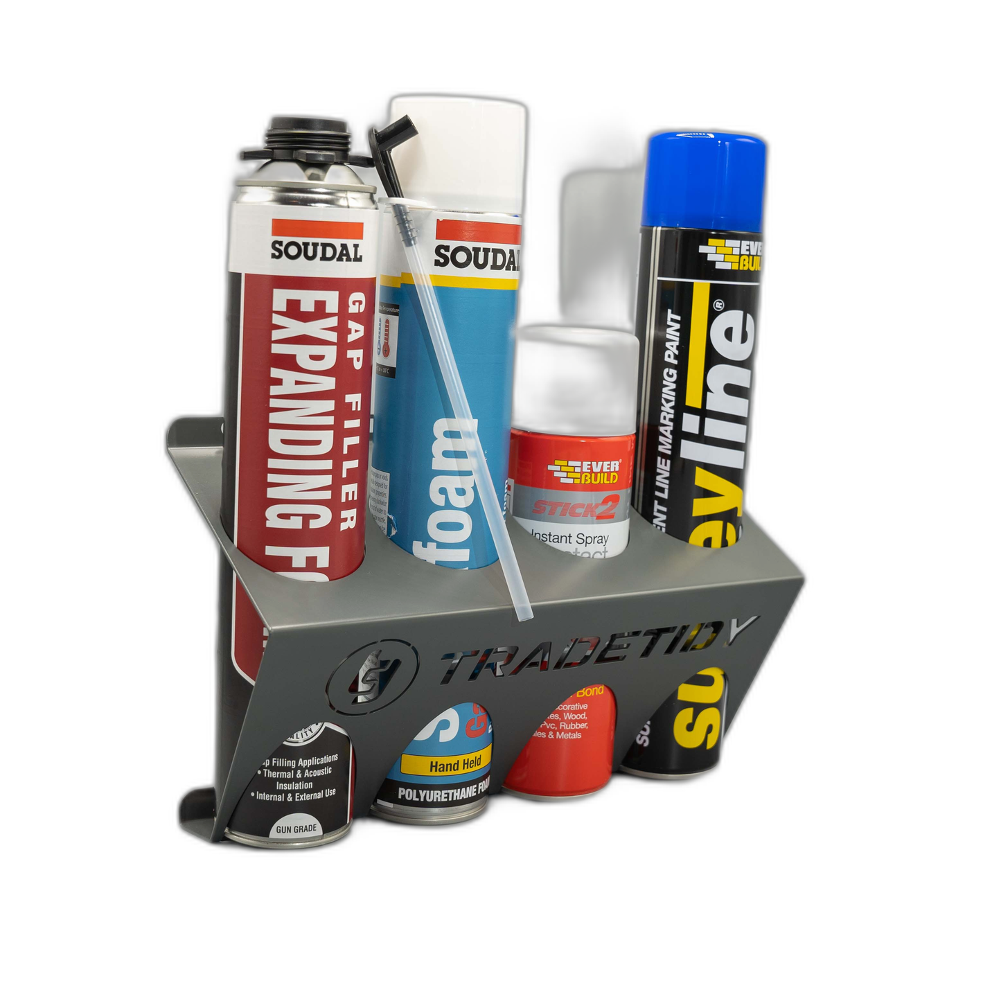 TradeTidy grey Spray & Aerosol Can Holder holding 4 spray cans — UK-made powder-coated steel for vans and workshops