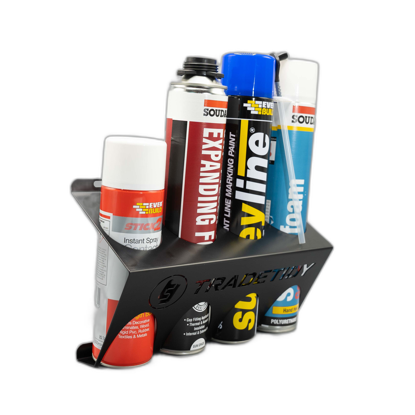 TradeTidy black Spray & Aerosol Can Holder holding 4 spray cans — UK-made powder-coated steel for vans and workshops