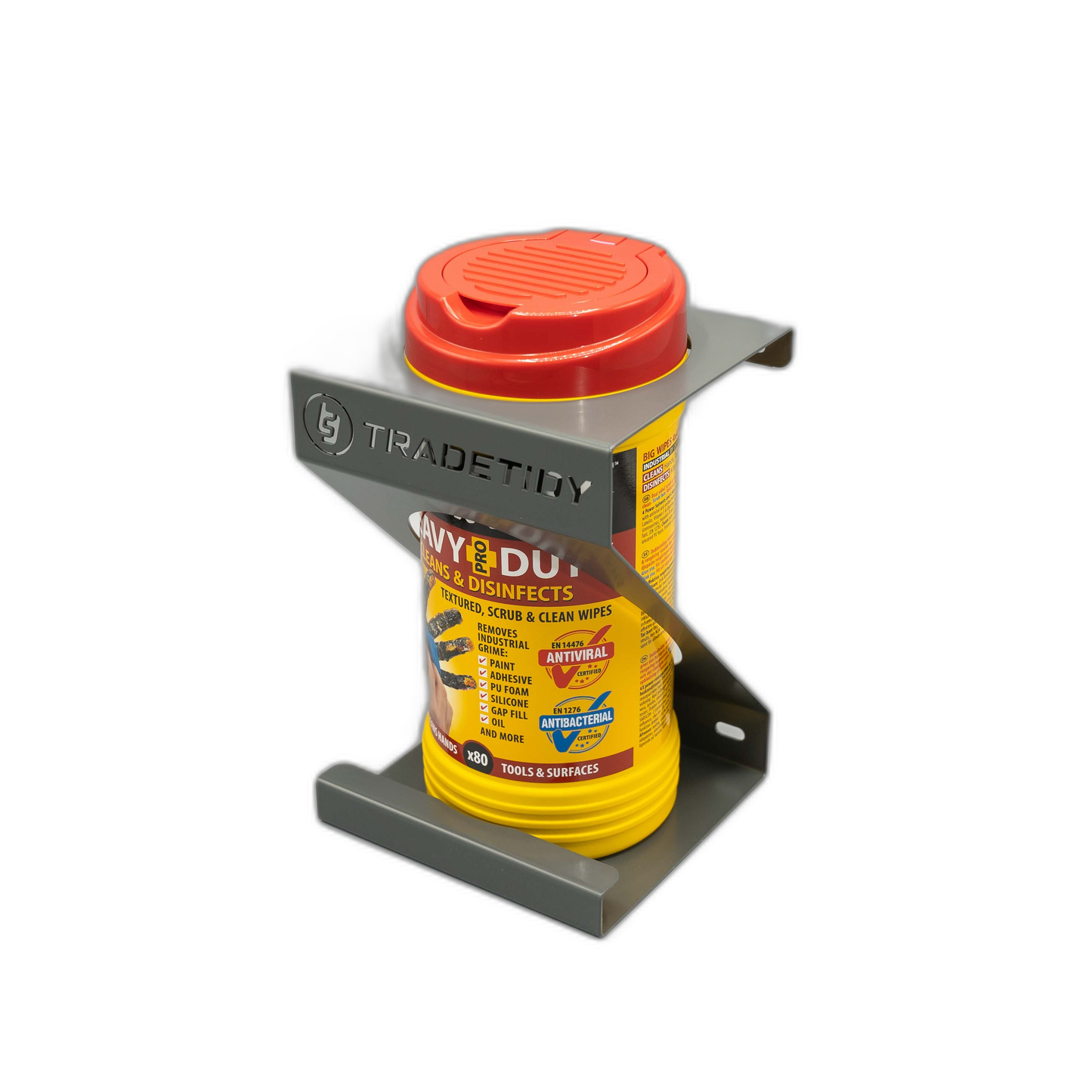 TradeTidy grey Wipes Holder with a tub of trade wipes — UK-made powder-coated steel for vans and workshops