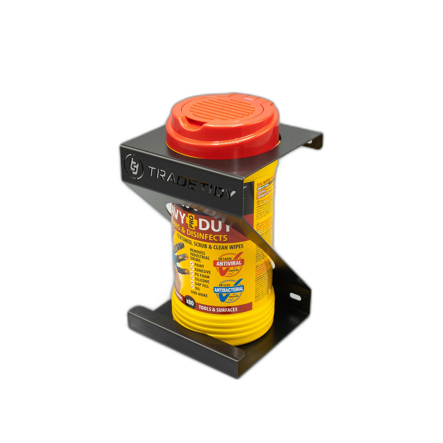 TradeTidy black Wipes Holder with a tub of trade wipes — UK-made powder-coated steel for vans and workshops