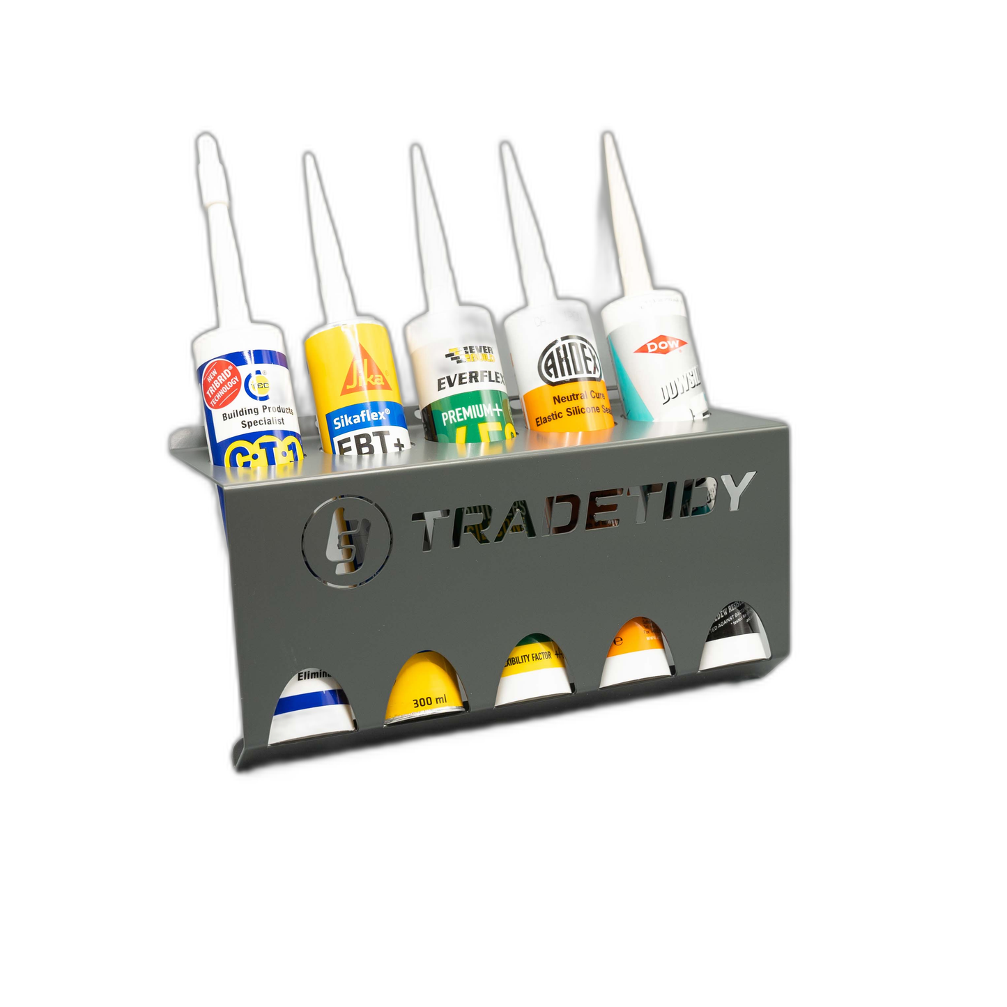 TradeTidy grey Silicone & Mastic Tube Holder holding 5 sealant tubes — UK-made powder-coated steel for vans and workshops