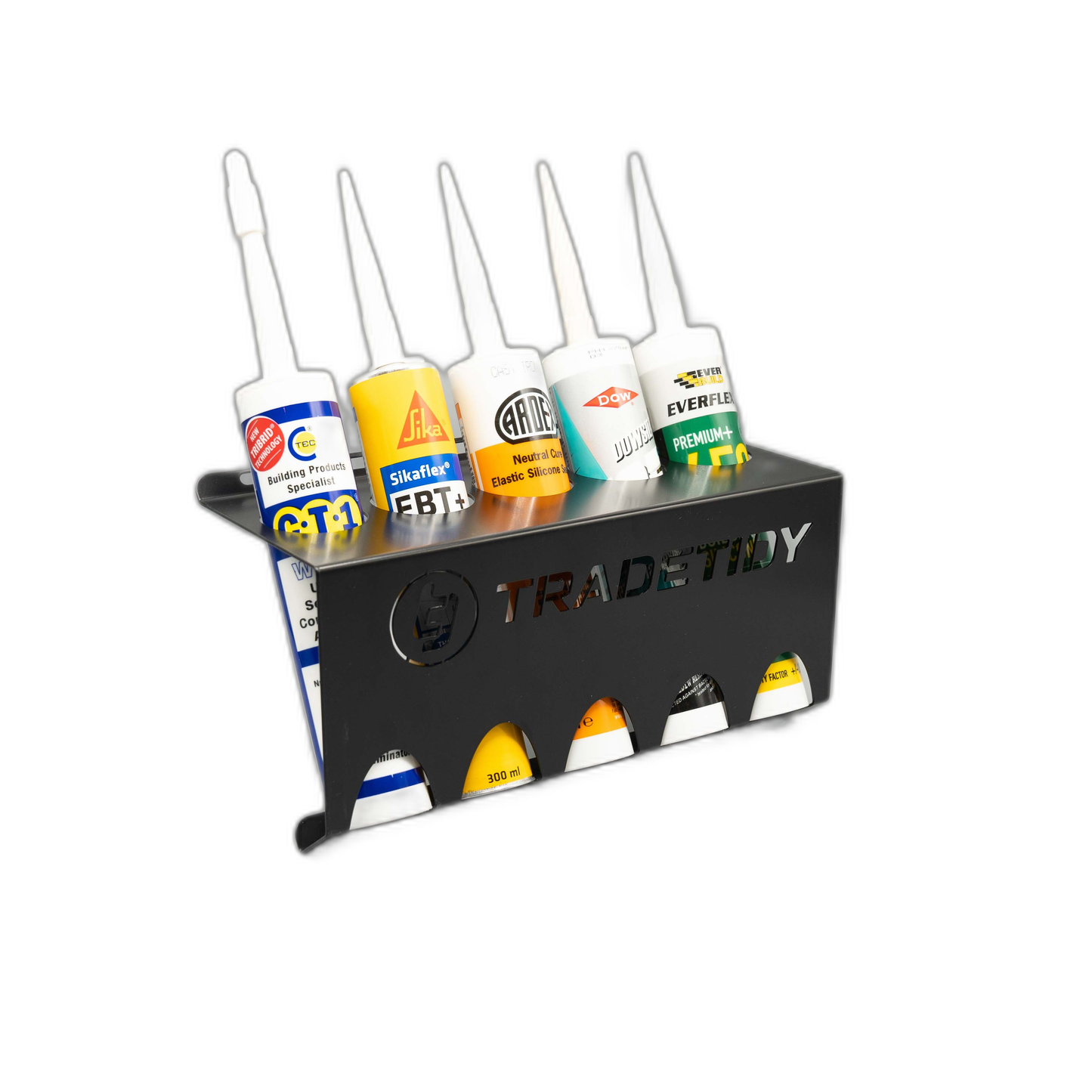 TradeTidy black Silicone & Mastic Tube Holder holding 5 sealant tubes — UK-made powder-coated steel for vans and workshops