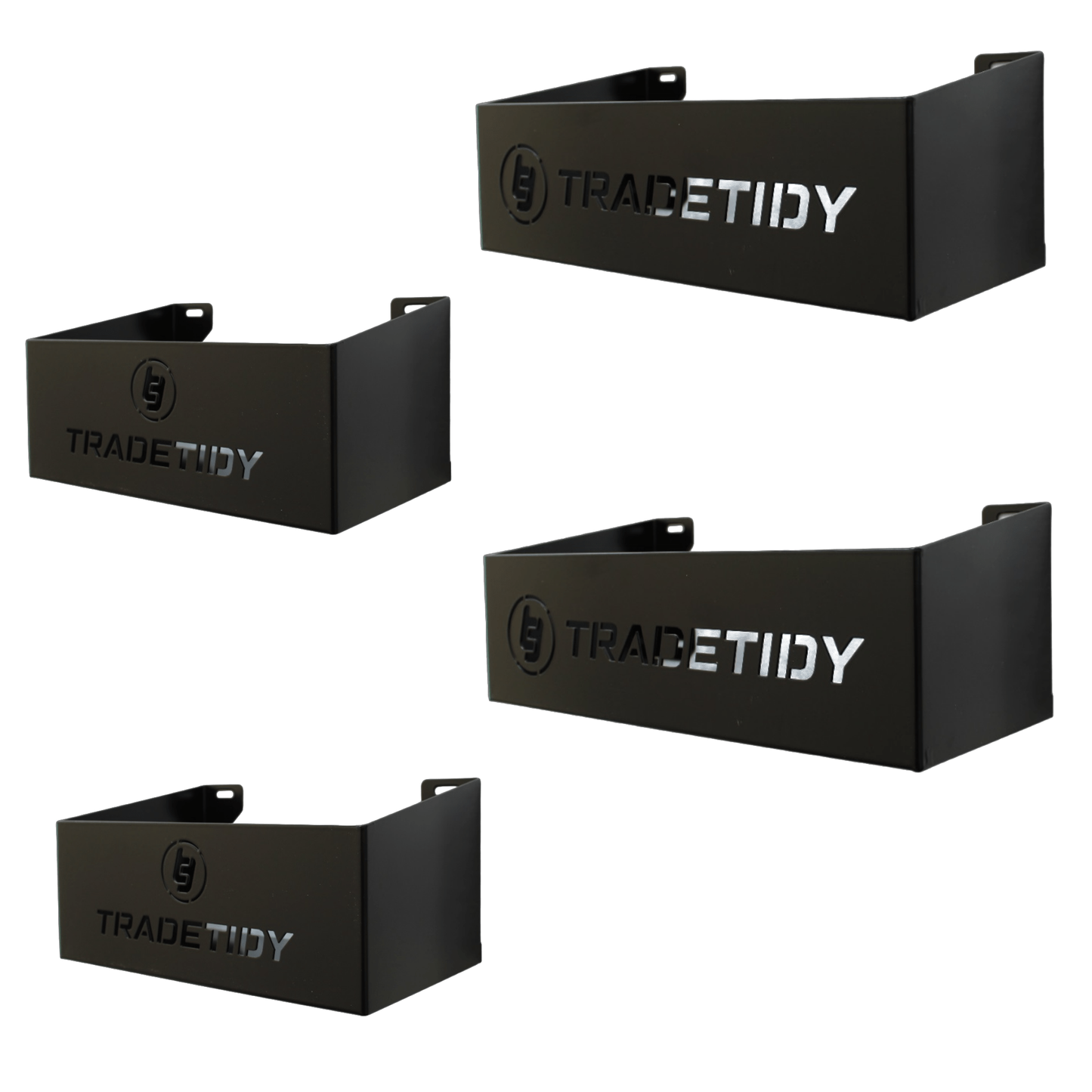 TradeTidy black Storage Tray Bundle — 2x 250mm and 2x 330mm UK-made powder-coated steel trays