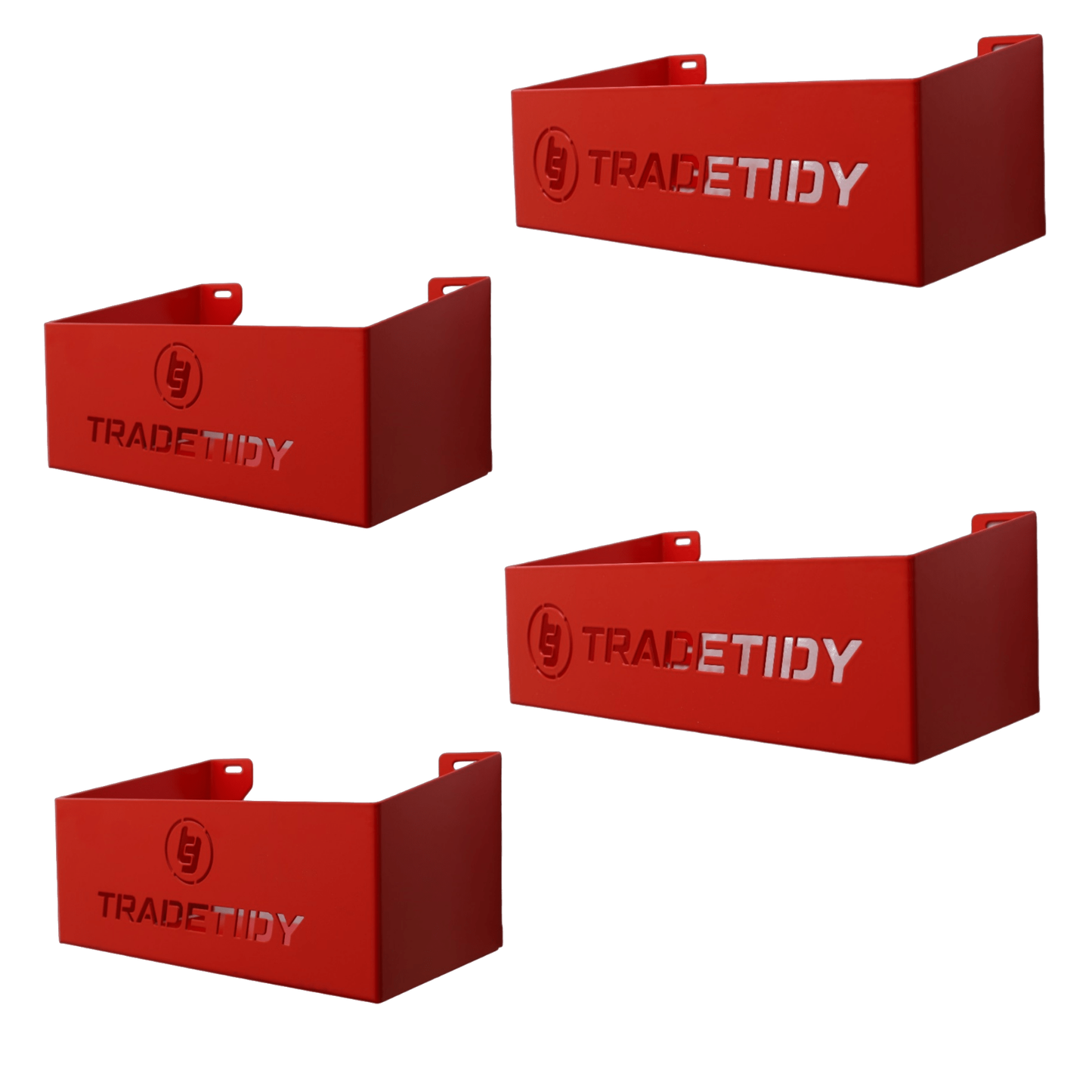 TradeTidy red Storage Tray Bundle — 2x 250mm and 2x 330mm UK-made powder-coated steel trays