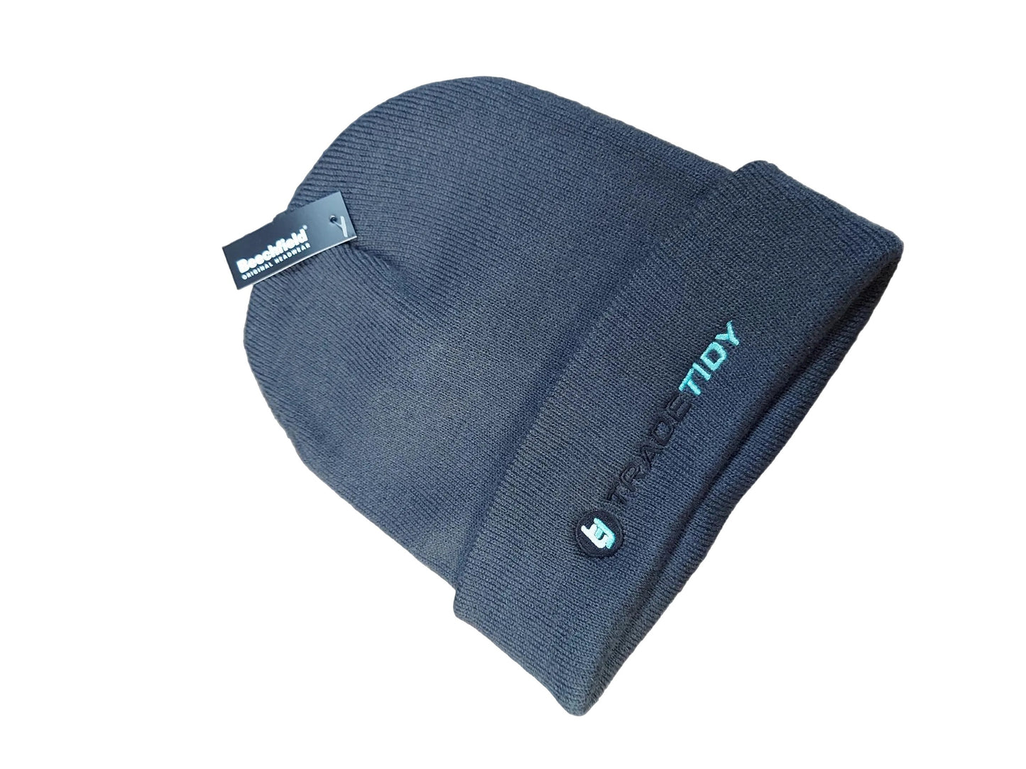 TradeTidy grey beanie hat — warm knitted trade beanie with embroidered TradeTidy logo