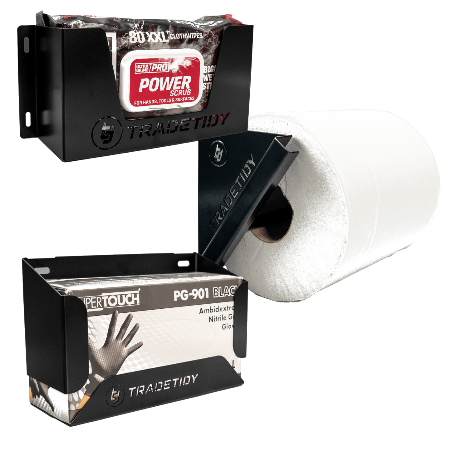 TradeTidy black Van Hygiene Pack 2 — glove box, Ultragrime and paper roll holders, UK-made powder-coated steel