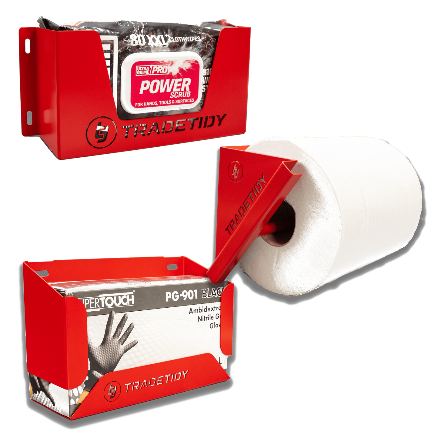 TradeTidy red Van Hygiene Pack 2 — glove box, Ultragrime and paper roll holders, UK-made powder-coated steel
