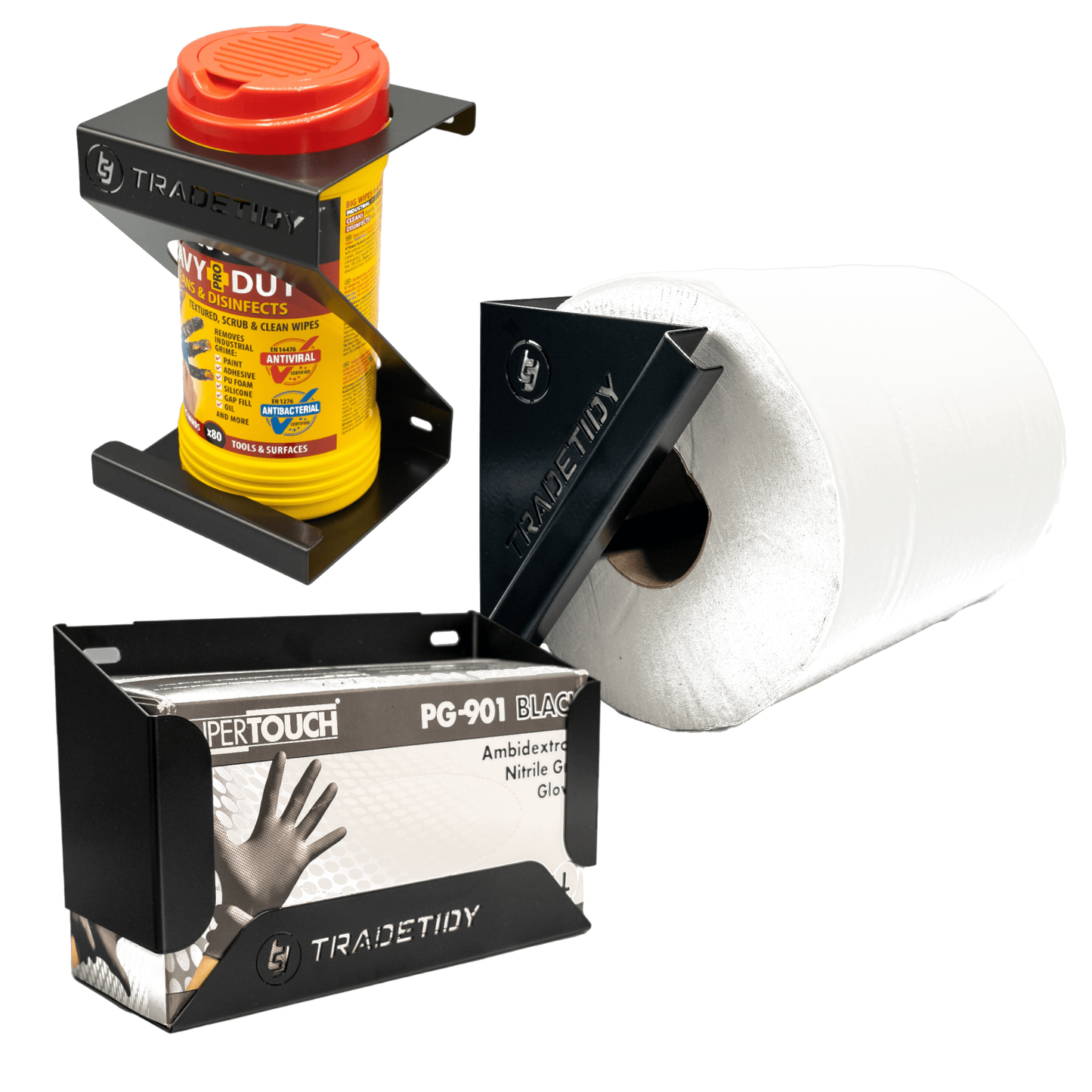 TradeTidy black Van Hygiene Pack — glove box, wipes and paper roll holders, UK-made powder-coated steel