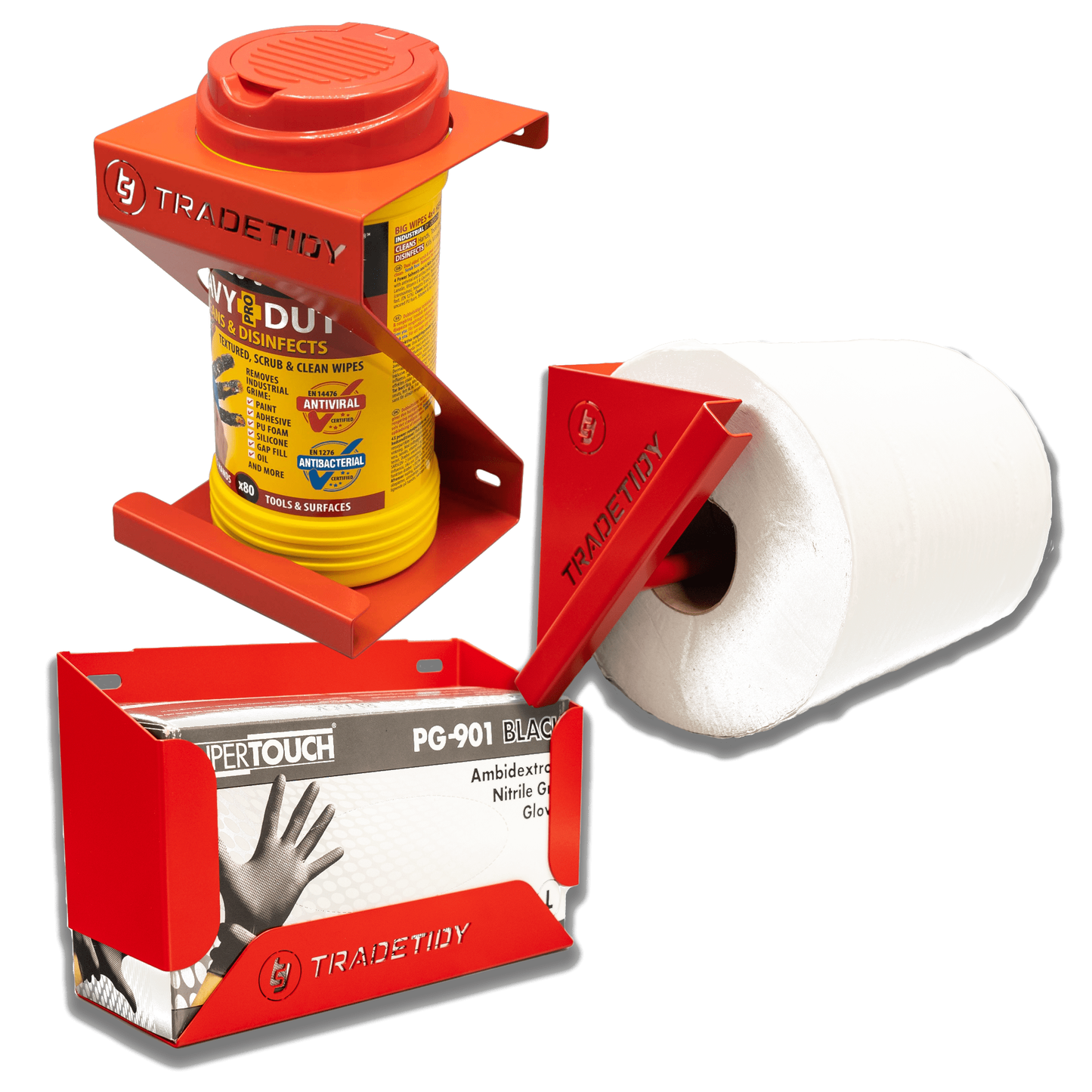 TradeTidy red Van Hygiene Pack — glove box, wipes and paper roll holders, UK-made powder-coated steel