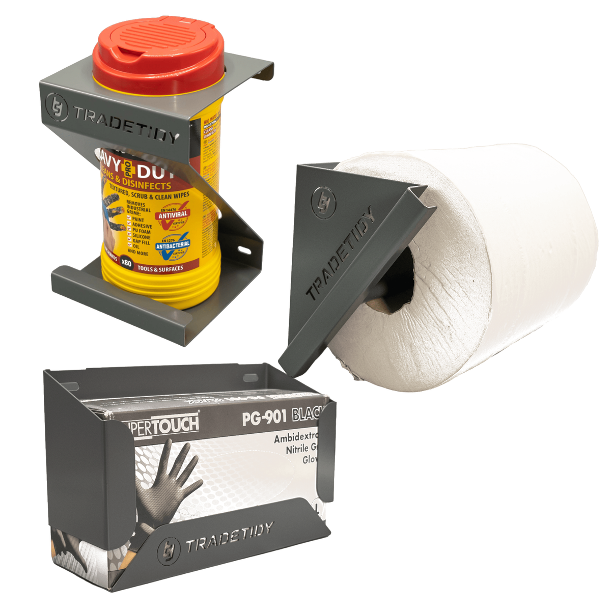 TradeTidy grey Van Hygiene Pack — glove box, wipes and paper roll holders, UK-made powder-coated steel