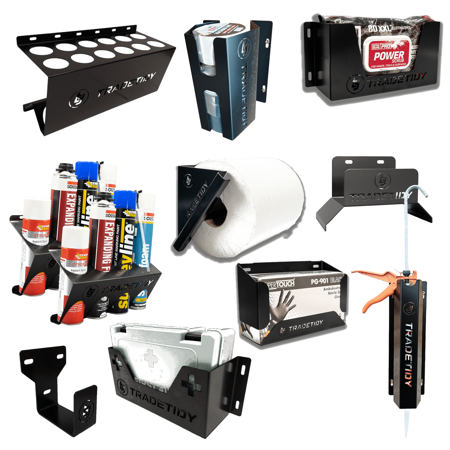 TradeTidy black Van Storage Starter Pack 2 — 10 holders plus first aid kit, UK-made powder-coated steel