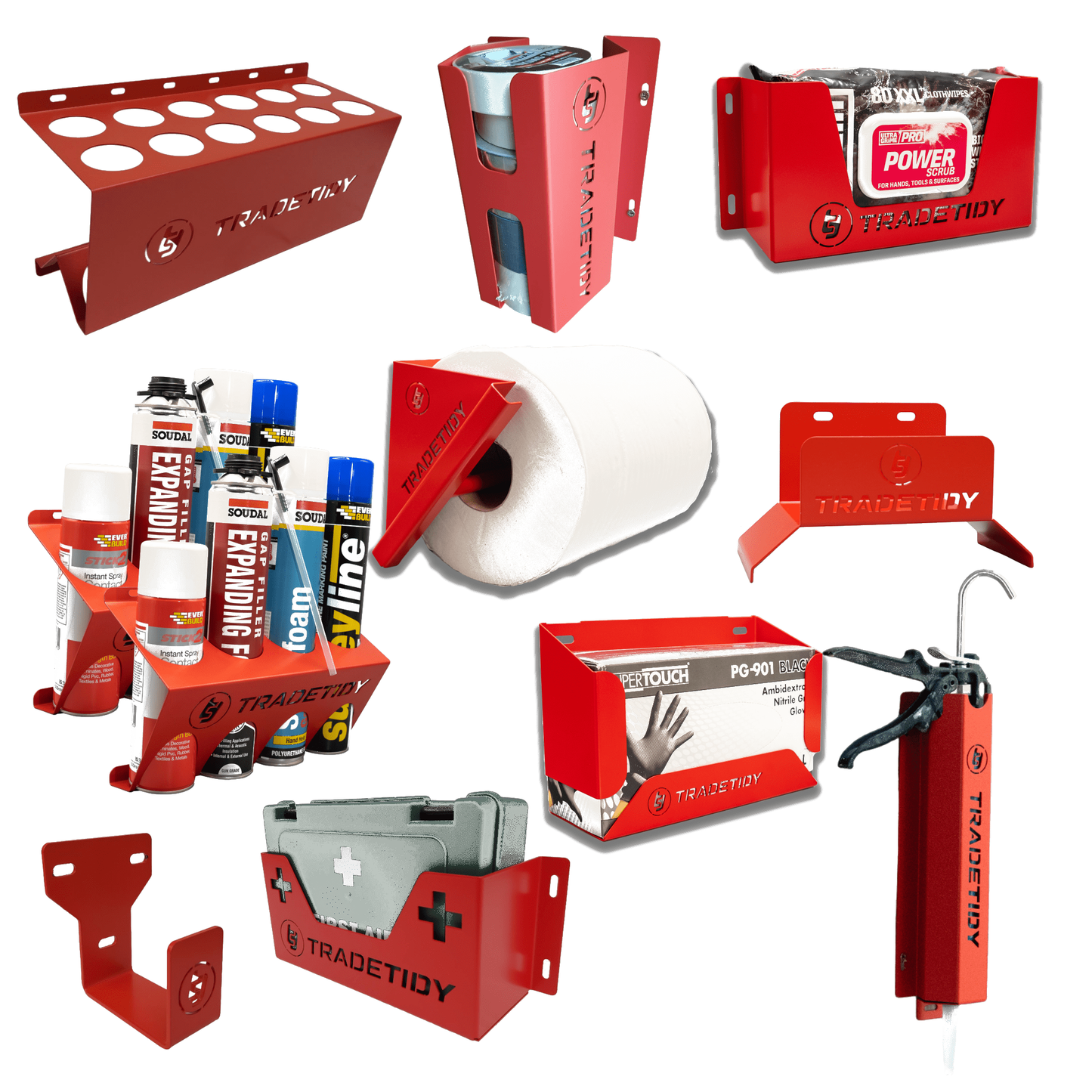 TradeTidy red Van Storage Starter Pack 2 — 10 holders plus first aid kit, UK-made powder-coated steel