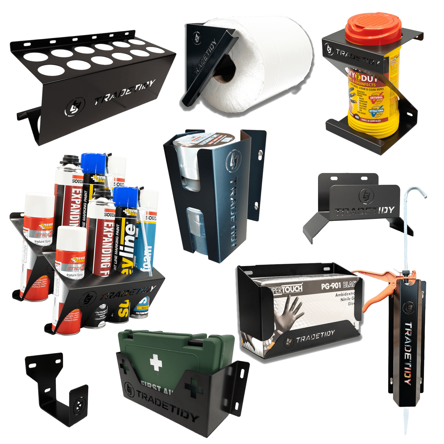 TradeTidy black Van Storage Starter Pack — 10 holders plus first aid kit, UK-made powder-coated steel